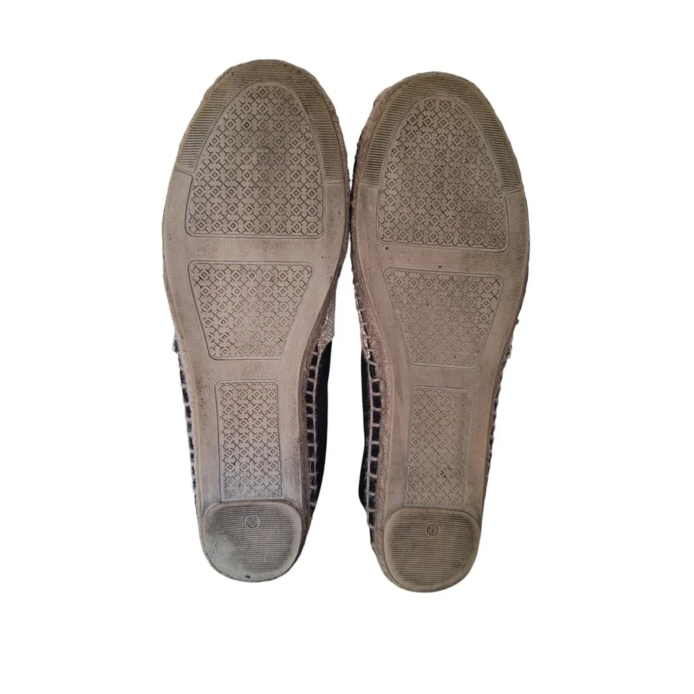 Tory Burch Ines Espadrilles Black Cream Leather Logo Canvas Flats Slip On
